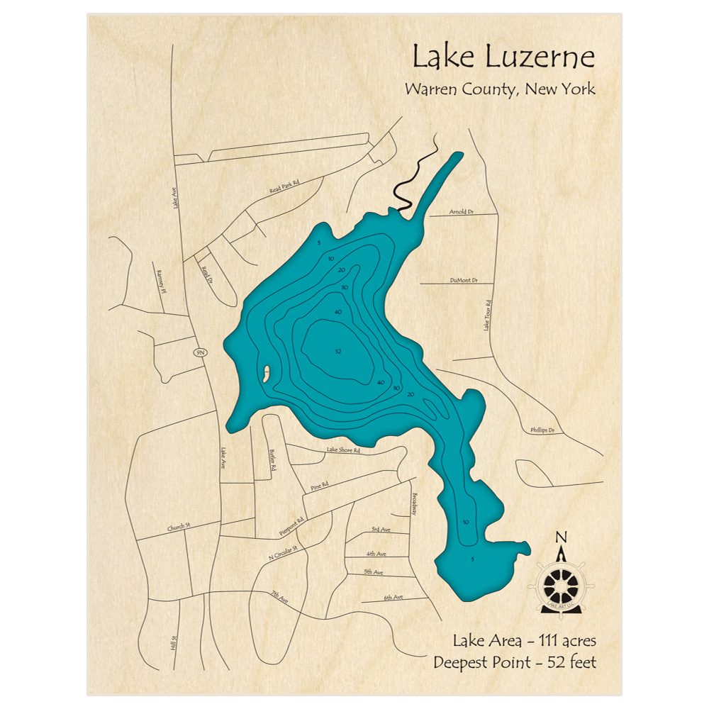 Bathymetric topo map of Luzerne Lake with roads, towns and depths noted in blue water