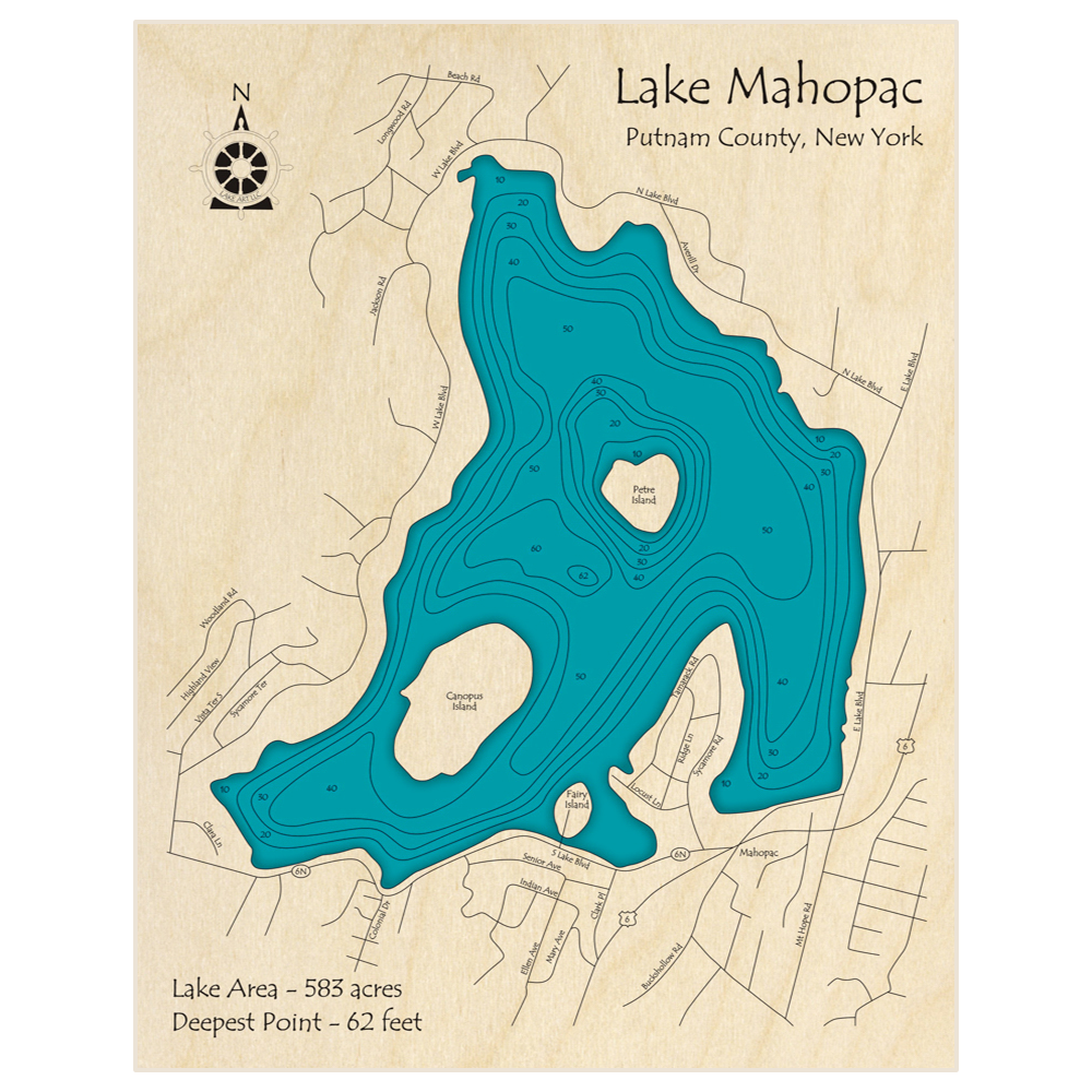 Bathymetric topo map of Lake Mahopac with roads, towns and depths noted in blue water