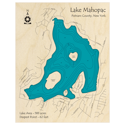 Bathymetric topo map of Lake Mahopac with roads, towns and depths noted in blue water