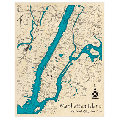 Bathymetric topo map of Manhattan Island - New York City with roads, towns and depths noted in blue water