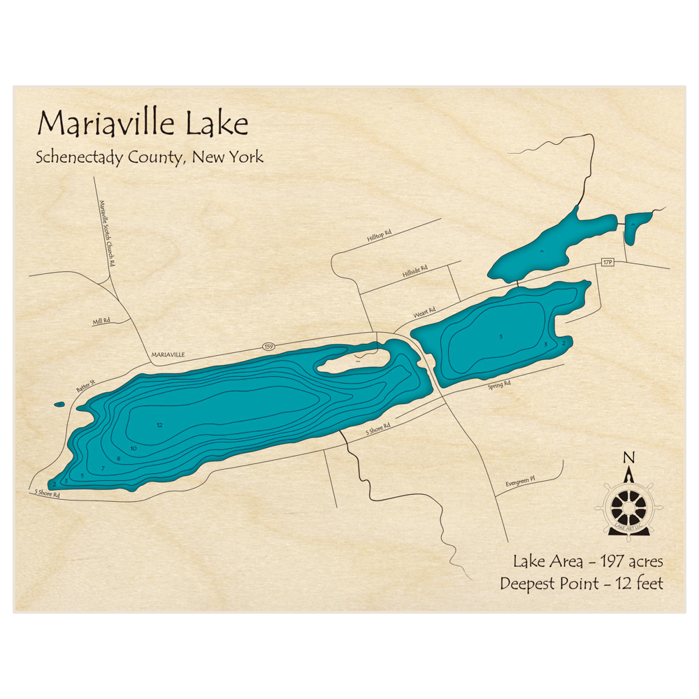 Bathymetric topo map of Mariaville Lake with roads, towns and depths noted in blue water