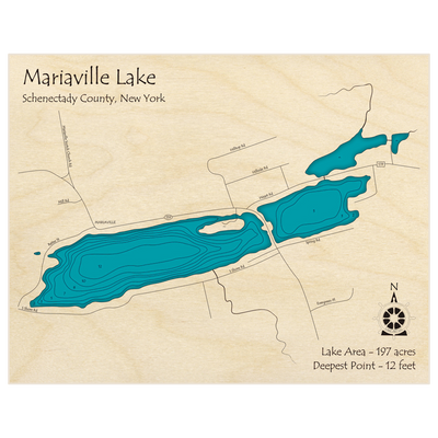 Bathymetric topo map of Mariaville Lake with roads, towns and depths noted in blue water