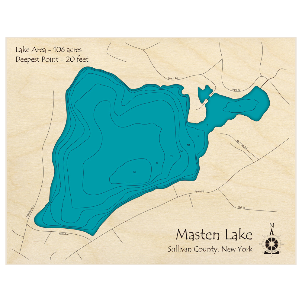 Bathymetric topo map of Masten Lake with roads, towns and depths noted in blue water