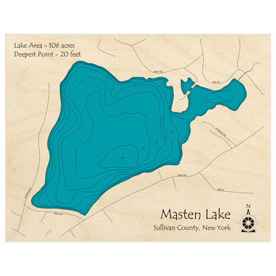 Bathymetric topo map of Masten Lake with roads, towns and depths noted in blue water