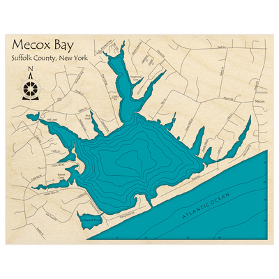 Bathymetric topo map of Mecox Bay with roads, towns and depths noted in blue water