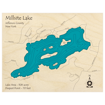 Bathymetric topo map of Millsite Lake with roads, towns and depths noted in blue water