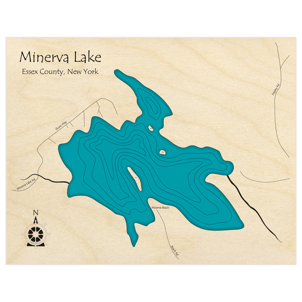 Bathymetric topo map of Minerva Lake  with roads, towns and depths noted in blue water