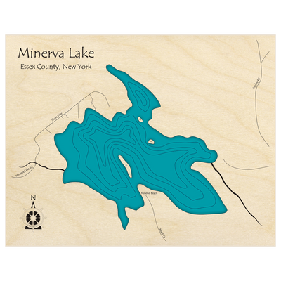 Bathymetric topo map of Minerva Lake  with roads, towns and depths noted in blue water