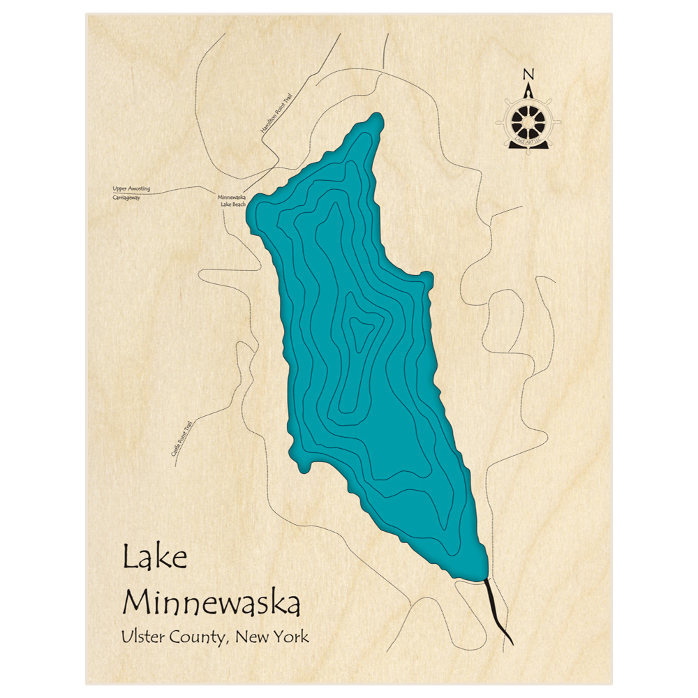 Bathymetric topo map of Lake Minnewaska  with roads, towns and depths noted in blue water