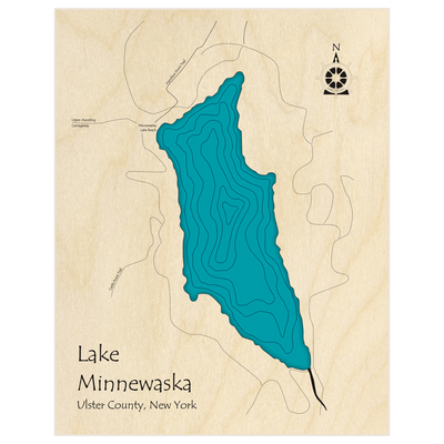 Bathymetric topo map of Lake Minnewaska  with roads, towns and depths noted in blue water