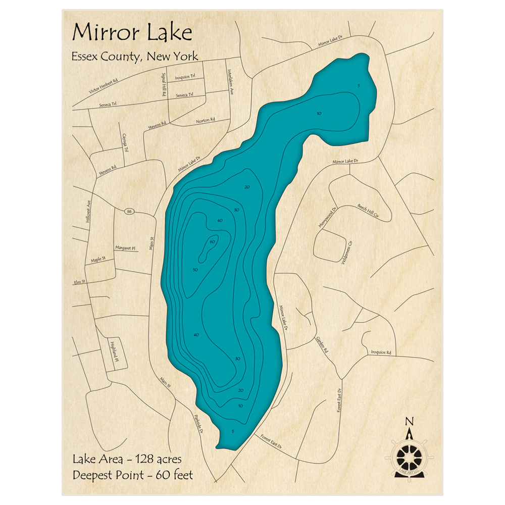 Bathymetric topo map of Mirror Lake with roads, towns and depths noted in blue water