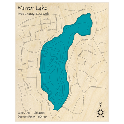 Bathymetric topo map of Mirror Lake with roads, towns and depths noted in blue water