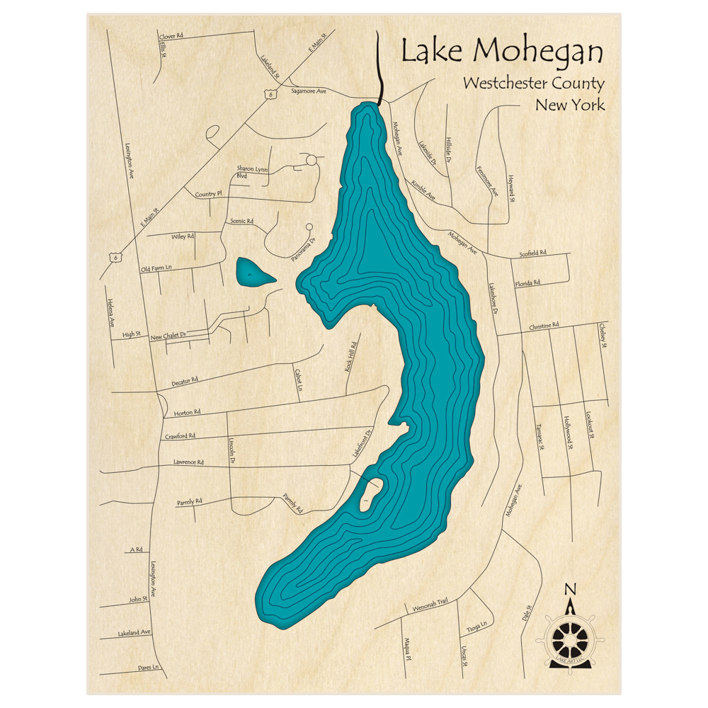 Bathymetric topo map of Mohegan Lake  with roads, towns and depths noted in blue water