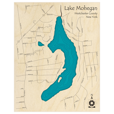 Bathymetric topo map of Mohegan Lake  with roads, towns and depths noted in blue water