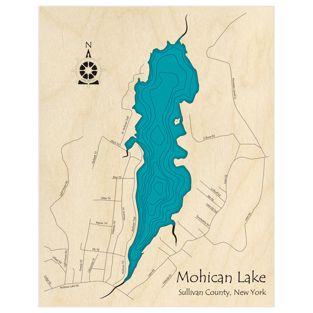 Bathymetric topo map of Mohican Lake  with roads, towns and depths noted in blue water