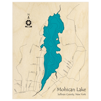 Bathymetric topo map of Mohican Lake  with roads, towns and depths noted in blue water