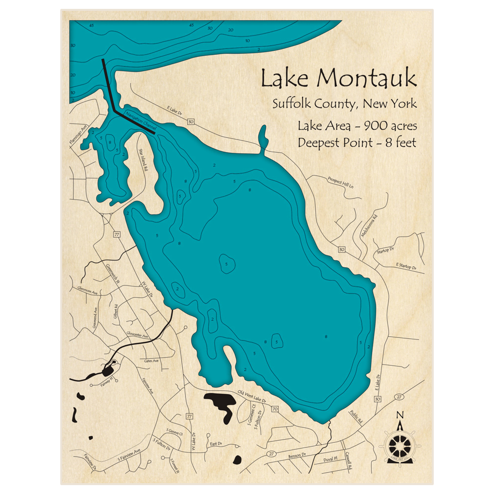 Bathymetric topo map of Lake Montauk with roads, towns and depths noted in blue water