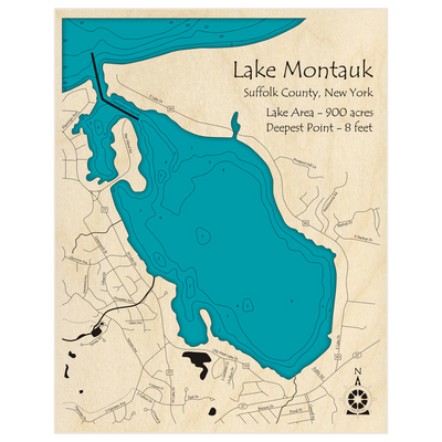 Bathymetric topo map of Lake Montauk with roads, towns and depths noted in blue water