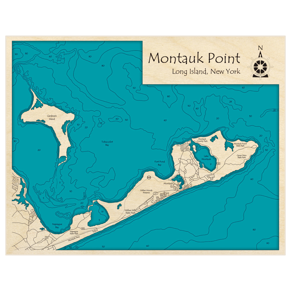 Bathymetric topo map of Montauk Point with roads, towns and depths noted in blue water