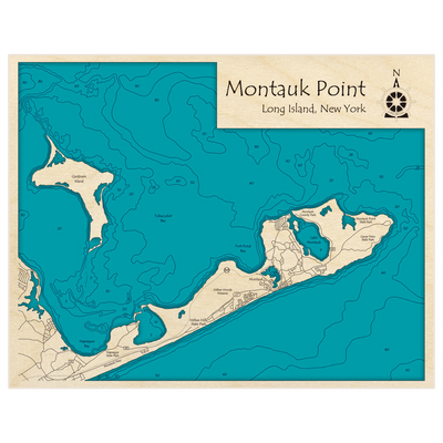 Bathymetric topo map of Montauk Point with roads, towns and depths noted in blue water