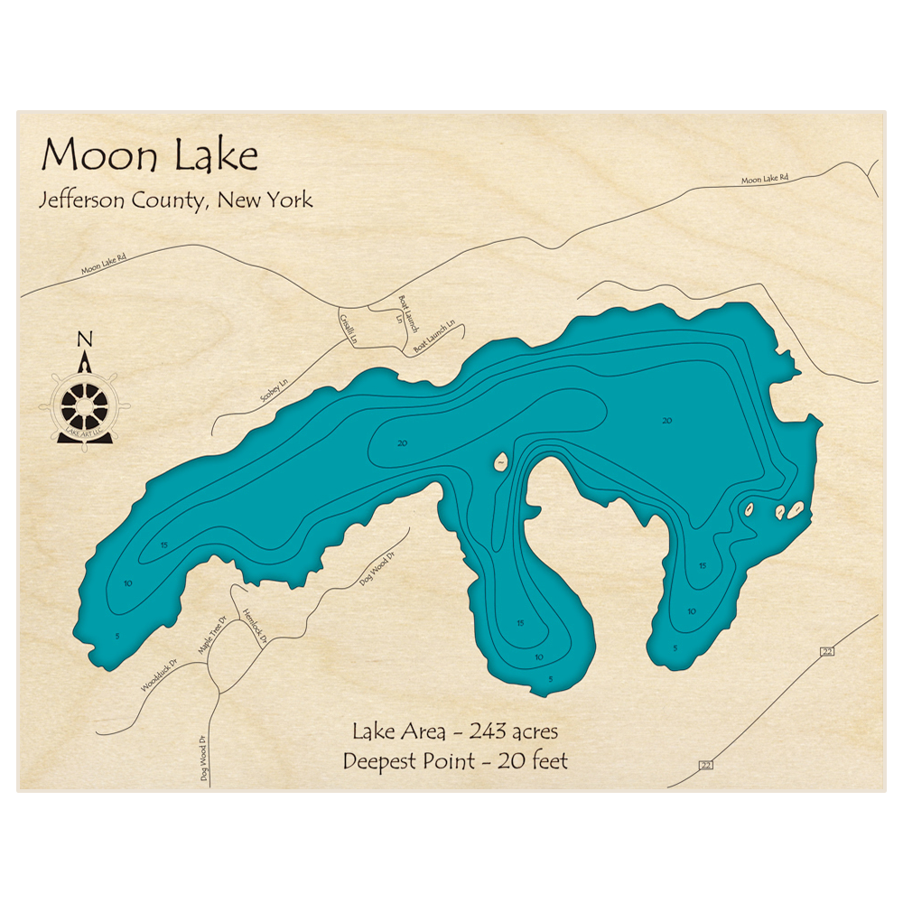 Bathymetric topo map of Moon Lake with roads, towns and depths noted in blue water