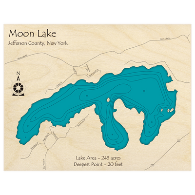 Bathymetric topo map of Moon Lake with roads, towns and depths noted in blue water