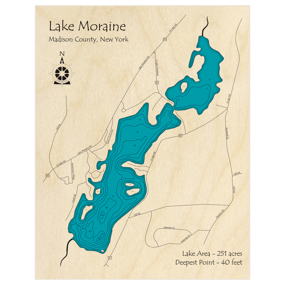 Bathymetric topo map of Lake Moraine with roads, towns and depths noted in blue water