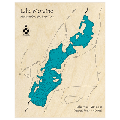 Bathymetric topo map of Lake Moraine with roads, towns and depths noted in blue water