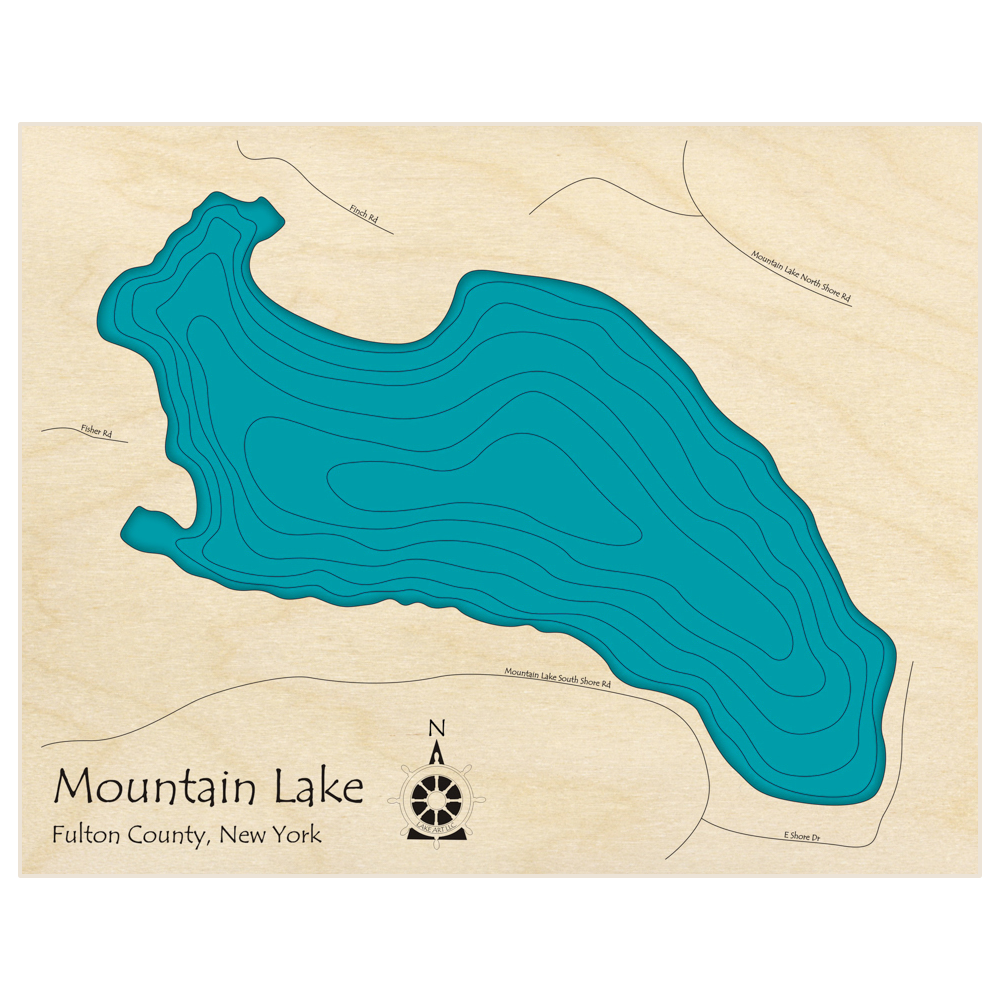 Bathymetric topo map of Mountain Lake  with roads, towns and depths noted in blue water