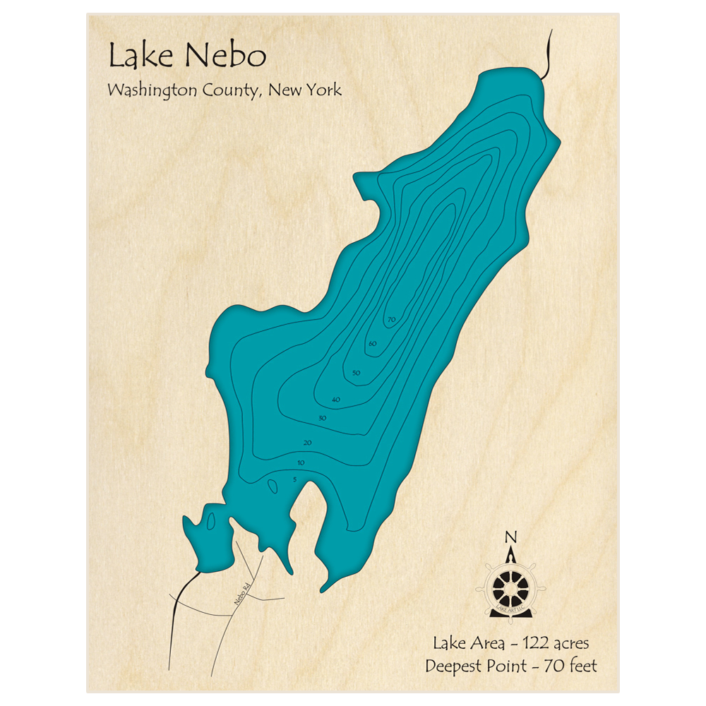 Bathymetric topo map of Lake Nebo with roads, towns and depths noted in blue water