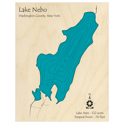 Bathymetric topo map of Lake Nebo with roads, towns and depths noted in blue water