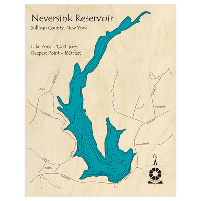 Bathymetric topo map of Neversink Reservoir with roads, towns and depths noted in blue water