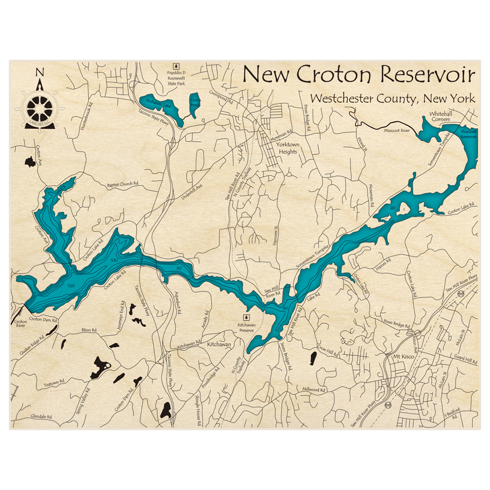 Bathymetric topo map of New Croton Reservoir with roads, towns and depths noted in blue water