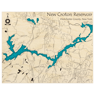 Bathymetric topo map of New Croton Reservoir with roads, towns and depths noted in blue water