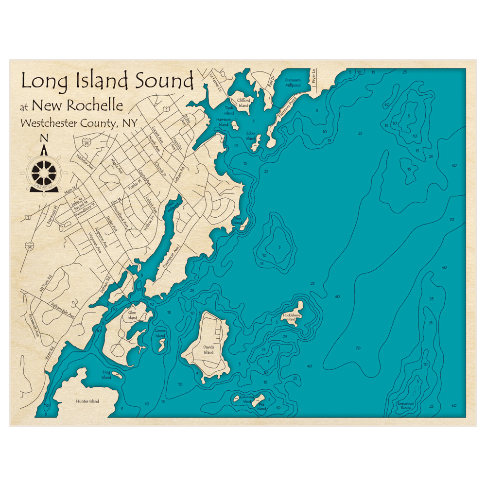 Bathymetric topo map of Long Island Sound (at New Rochelle) with roads, towns and depths noted in blue water