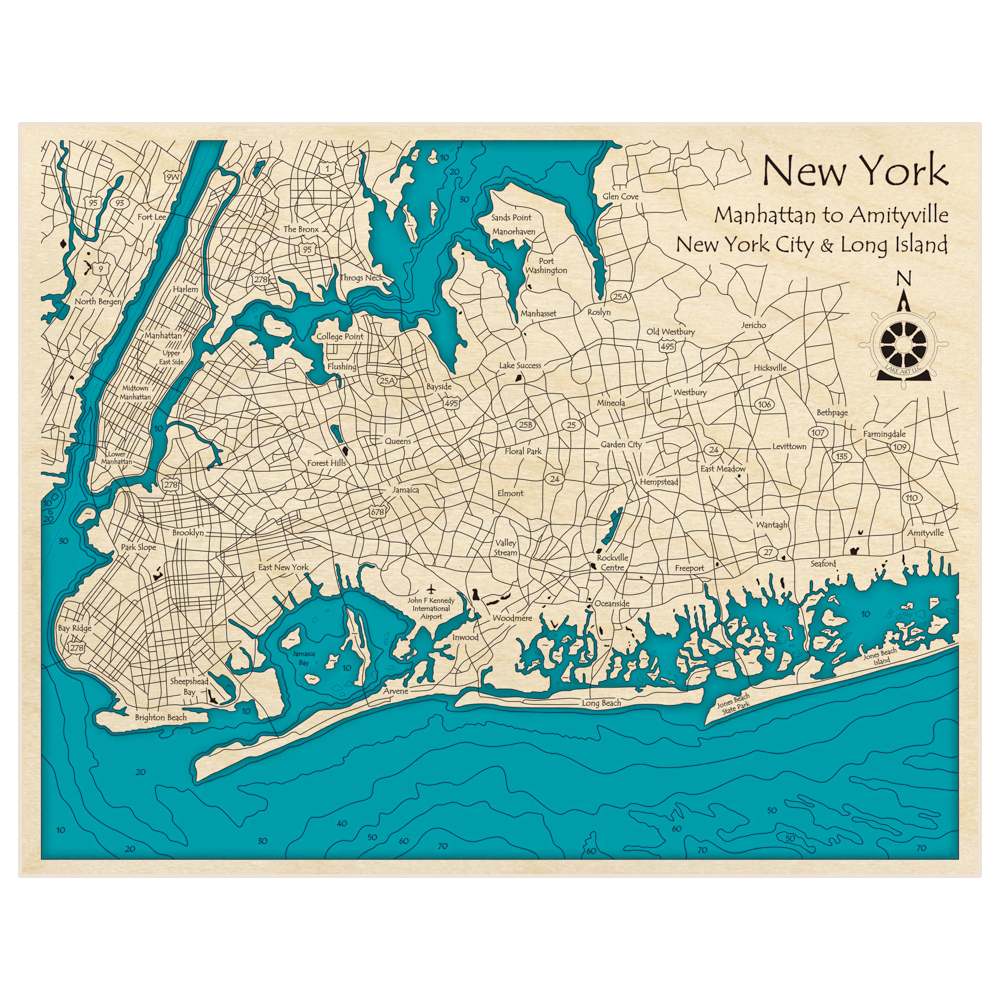 Bathymetric topo map of New York (Manhattan to Amityville) with roads, towns and depths noted in blue water