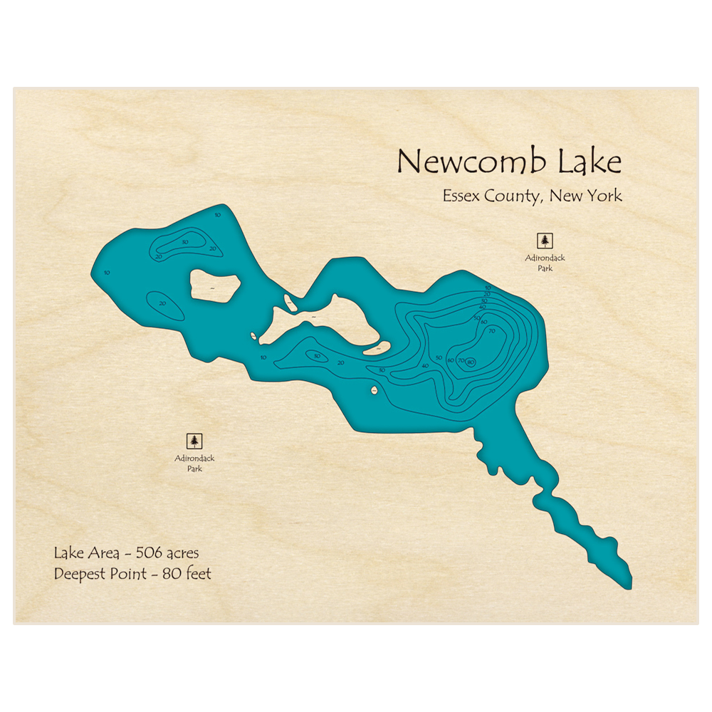 Bathymetric topo map of Newcomb Lake with roads, towns and depths noted in blue water