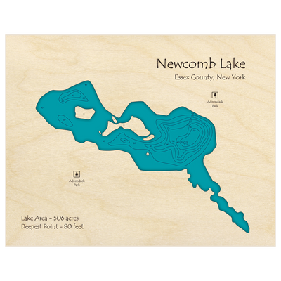 Bathymetric topo map of Newcomb Lake with roads, towns and depths noted in blue water