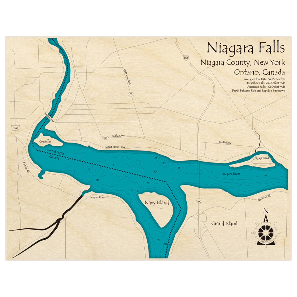 Bathymetric topo map of Niagara Falls (Eastern Section) with roads, towns and depths noted in blue water