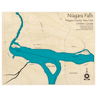 Bathymetric topo map of Niagara Falls (Eastern Section) with roads, towns and depths noted in blue water