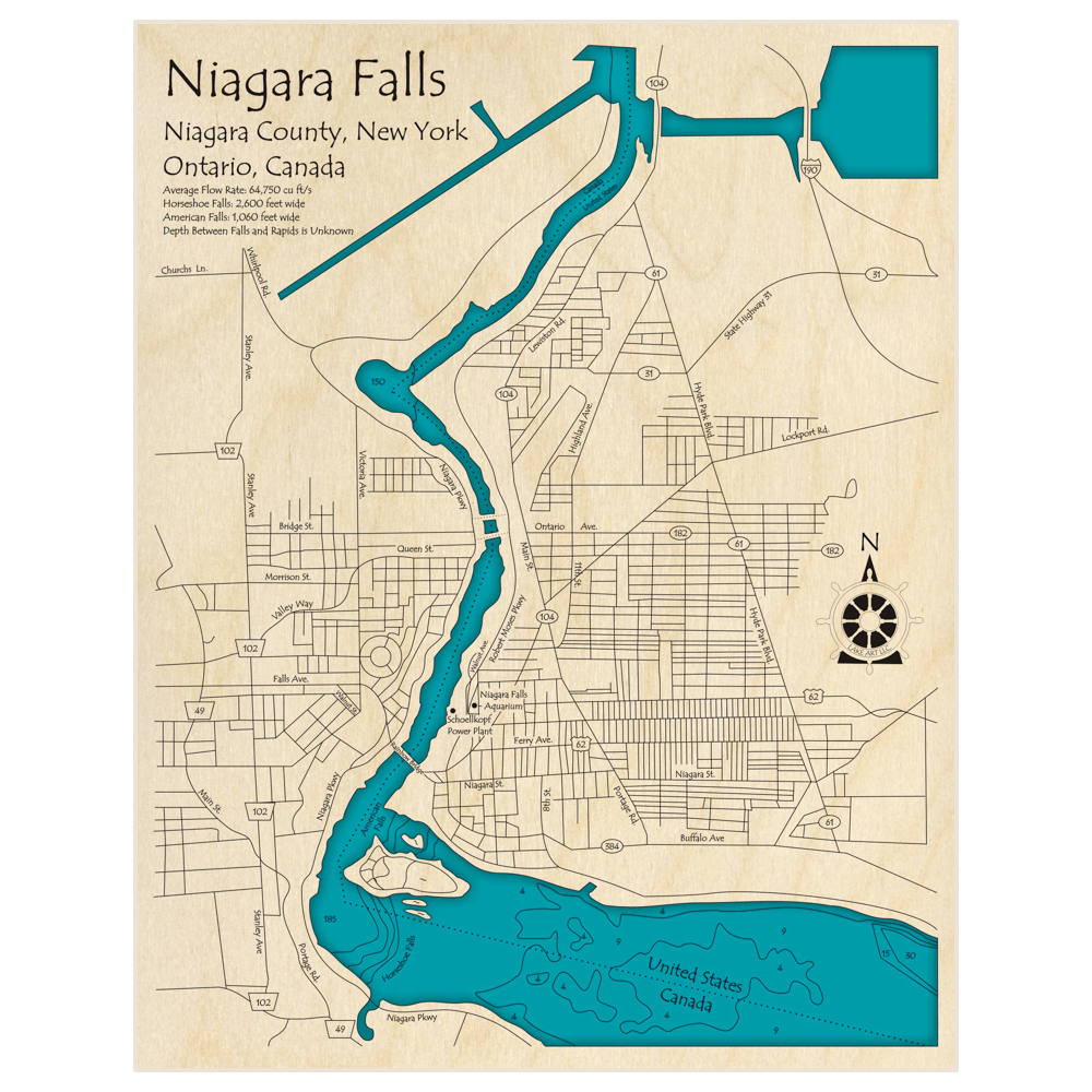 Bathymetric topo map of Niagara Falls with roads, towns and depths noted in blue water