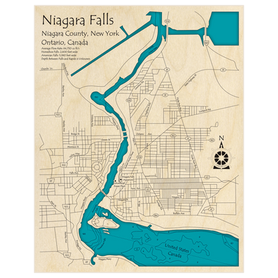 Bathymetric topo map of Niagara Falls with roads, towns and depths noted in blue water