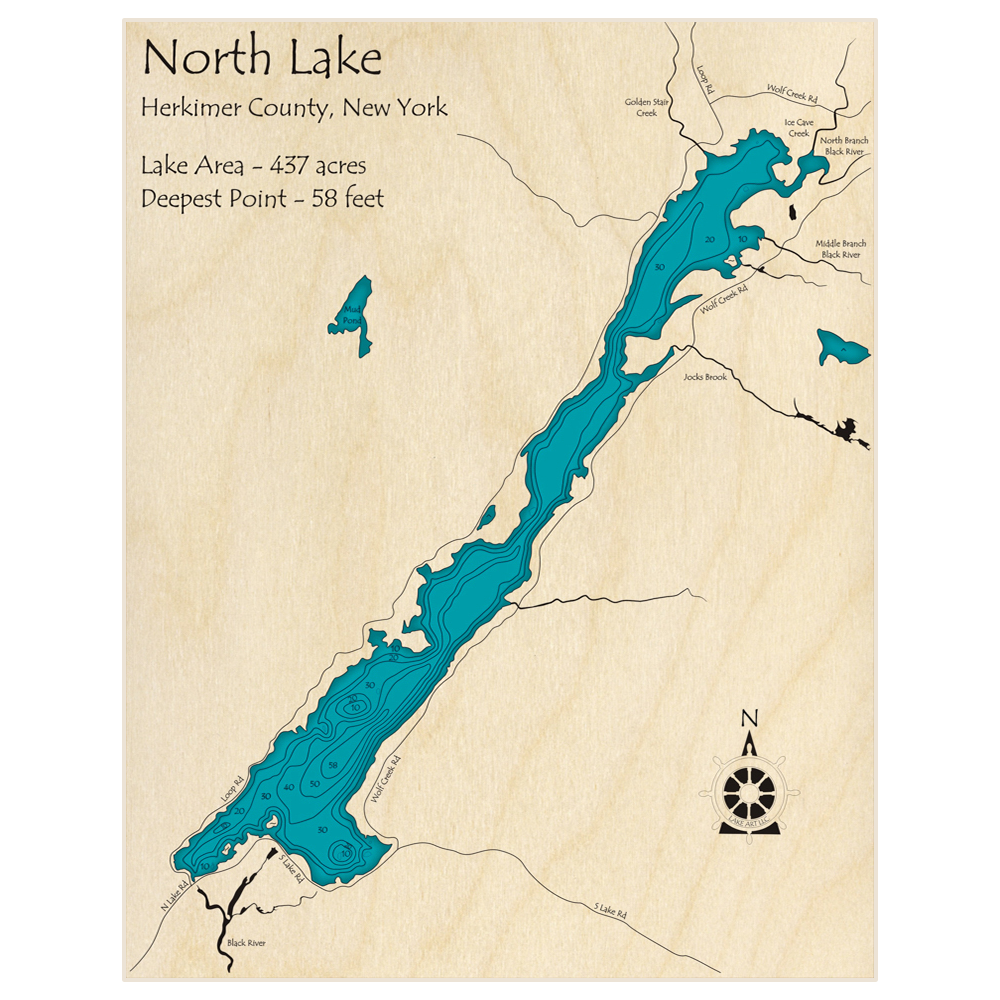 Bathymetric topo map of North Lake with roads, towns and depths noted in blue water