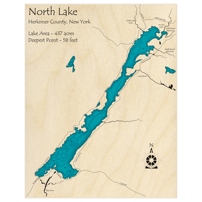 Bathymetric topo map of North Lake with roads, towns and depths noted in blue water