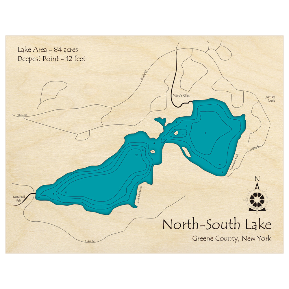 Bathymetric topo map of North-South Lake with roads, towns and depths noted in blue water