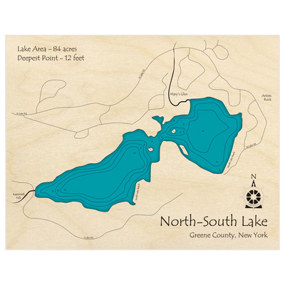 Bathymetric topo map of North-South Lake with roads, towns and depths noted in blue water