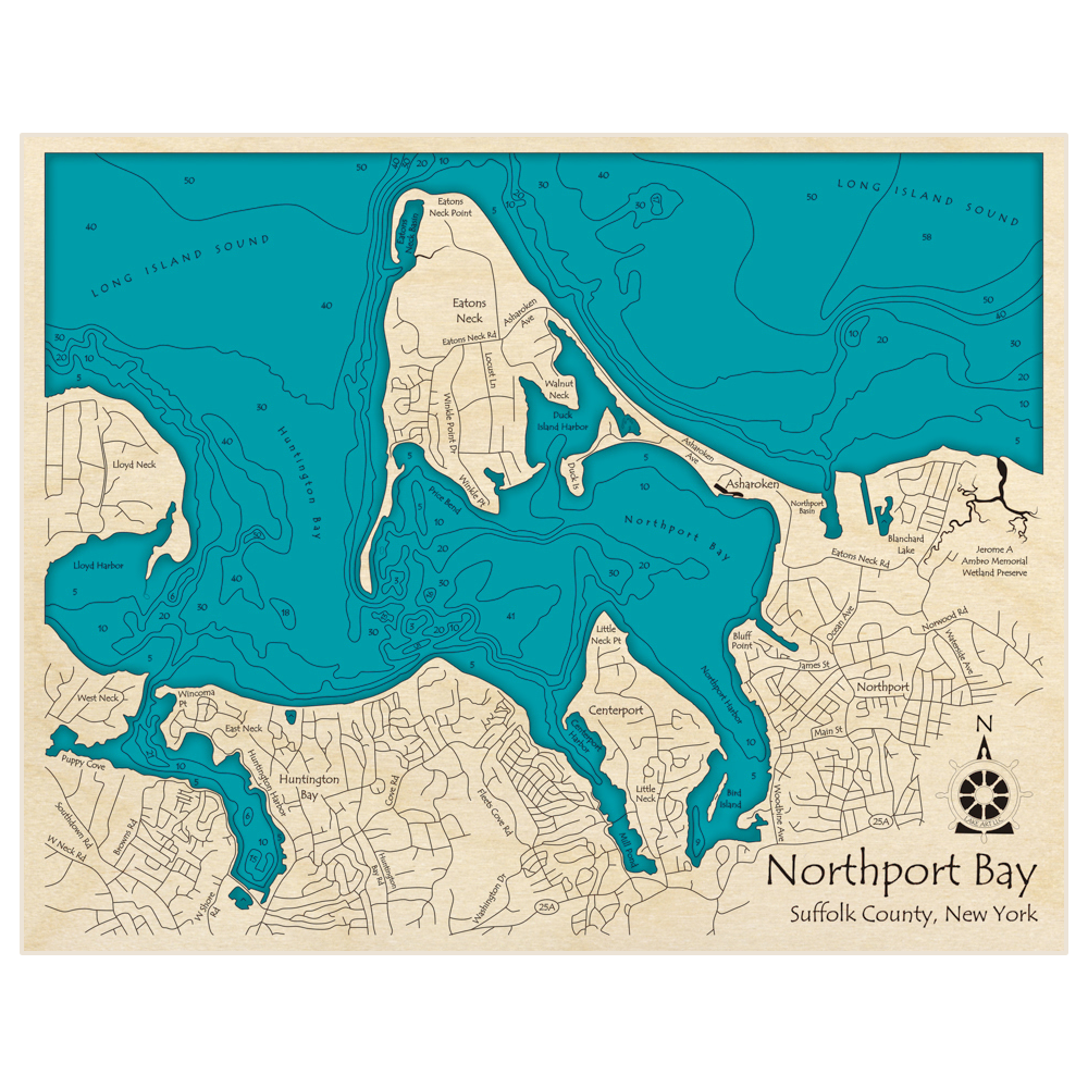 Bathymetric topo map of Northport Bay with roads, towns and depths noted in blue water