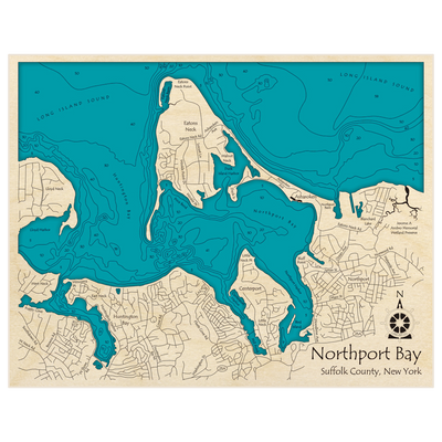 Bathymetric topo map of Northport Bay with roads, towns and depths noted in blue water