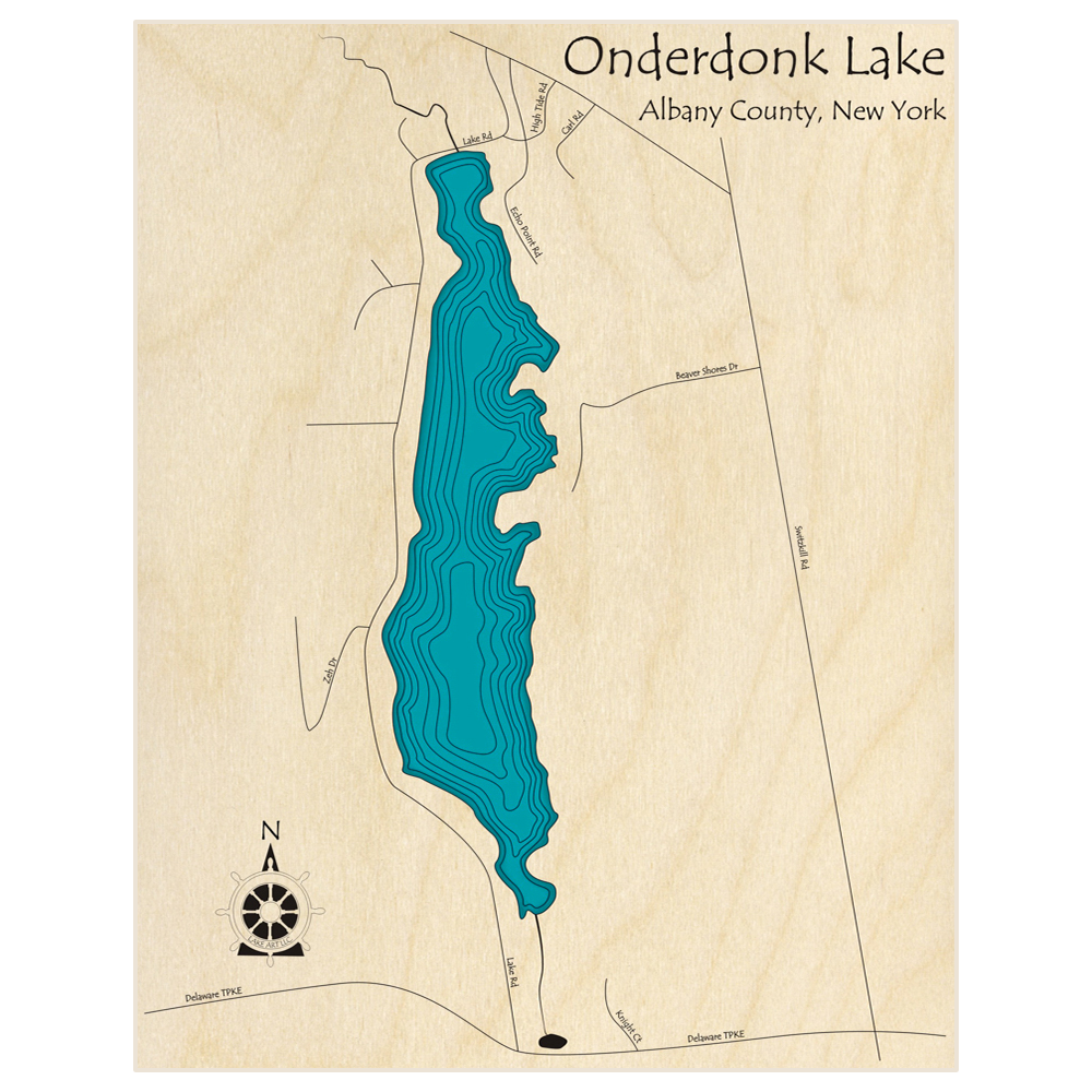 Bathymetric topo map of Onderdonk Lake  with roads, towns and depths noted in blue water