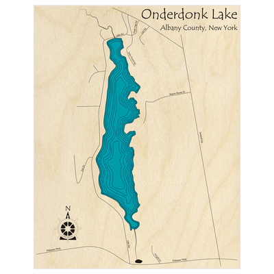 Bathymetric topo map of Onderdonk Lake  with roads, towns and depths noted in blue water